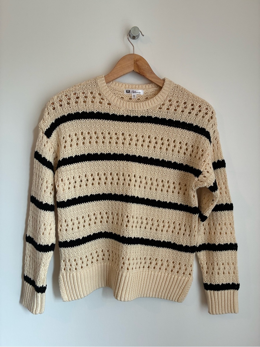 Reitmans Striped Open Work Pointelle Knit Sweater Side Slits Size XS